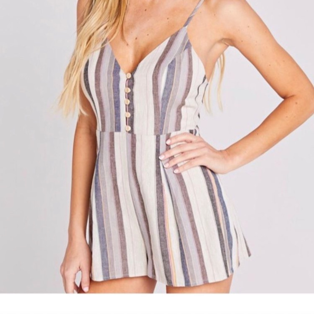 Neutral colored striped linen romper